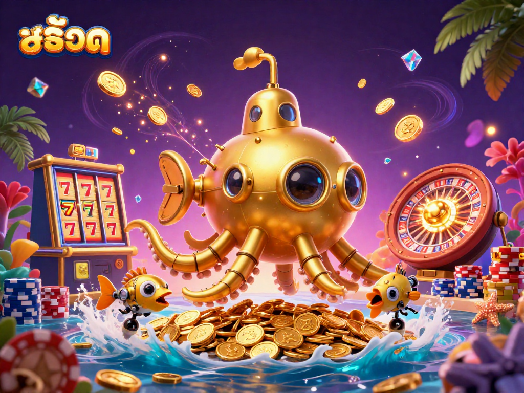 Experience the excitement of สล็อต with golden kraken, coins, and a vibrant roulette wheel.