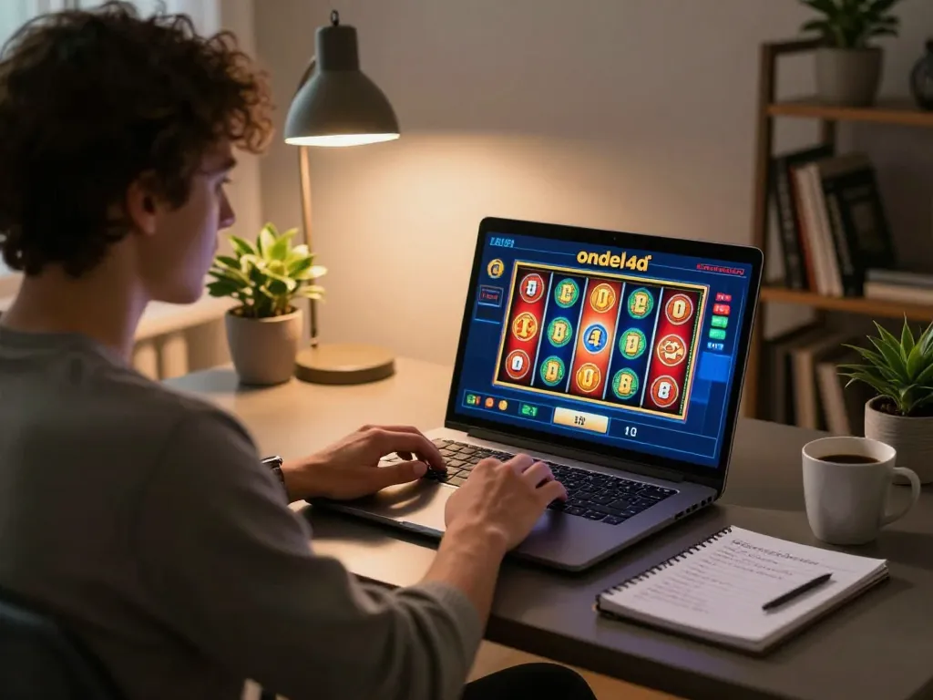 Engaging with ondel4d online slot games, player determined at home desk with laptop.