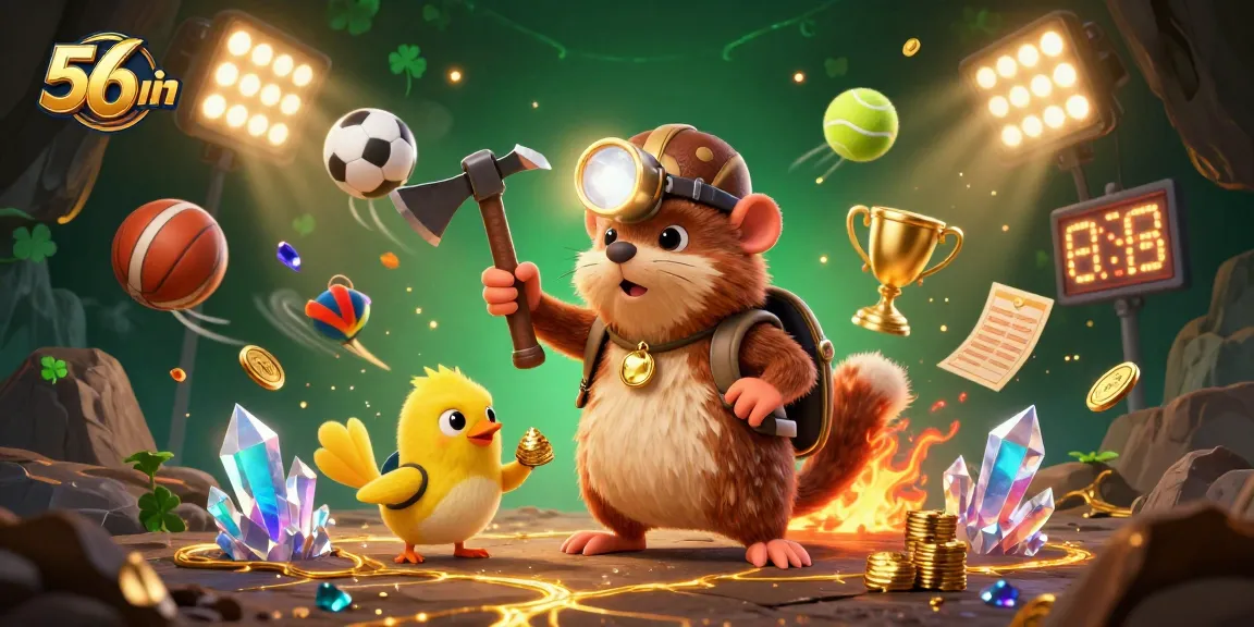 Betting and winning strategies at 56win, illustrated with dynamic game elements and a treasure theme.