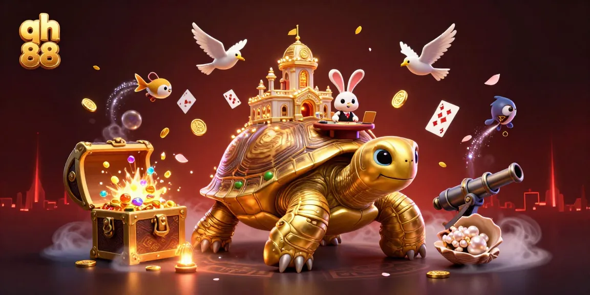 Experience thrilling gameplay with qh 88, featuring a golden tortoise casino and rabbit dealer amid gold coins.