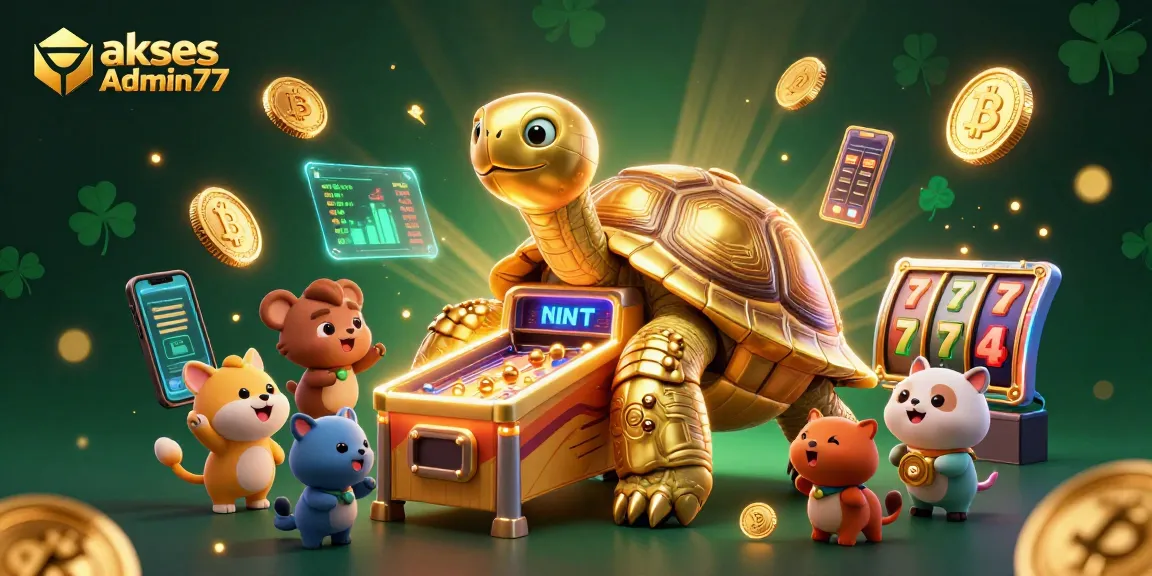 Experience the excitement of winning with akses Admin77, featuring a golden tortoise pinball gaming scene.