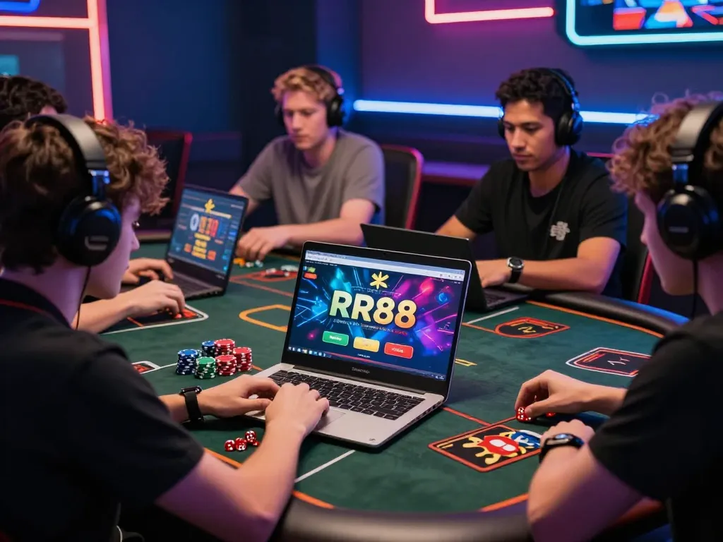 Engaged players exploring the RR88 online gaming platform in a vibrant gaming lounge environment.