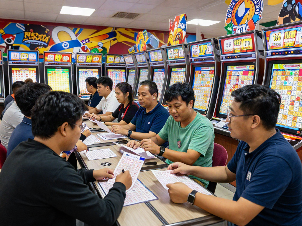 Para pemain membahas harapan menang dalam toto togel di booth lotre.