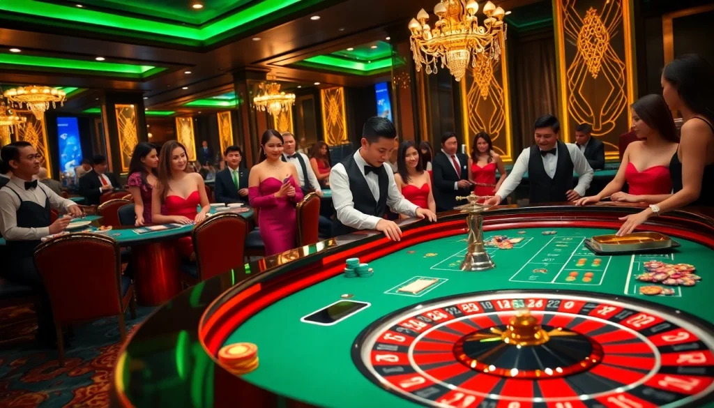 Experience high-stakes excitement at MM88's extravagant casino with players betting at roulette.