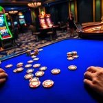 NAGA1001 casino action with poker chips and roulette wheel in an elegant gaming environment.