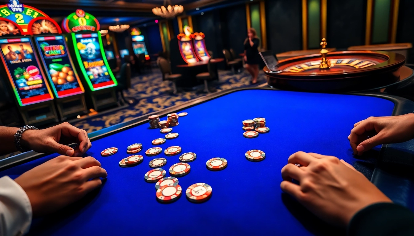 NAGA1001 casino action with poker chips and roulette wheel in an elegant gaming environment.