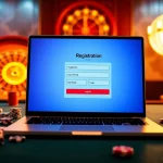 Register for 68win on a luxurious casino interface, capturing the excitement of online gambling.