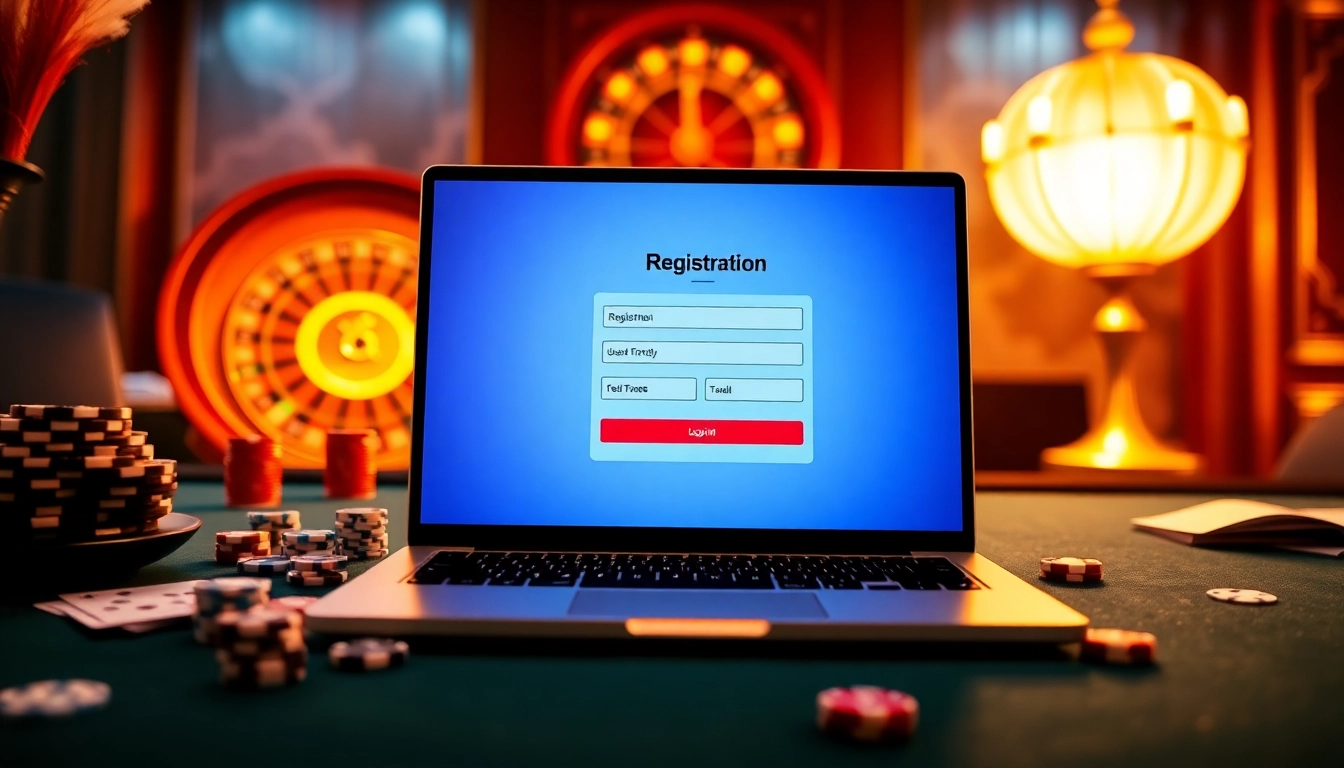 Register for 68win on a luxurious casino interface, capturing the excitement of online gambling.