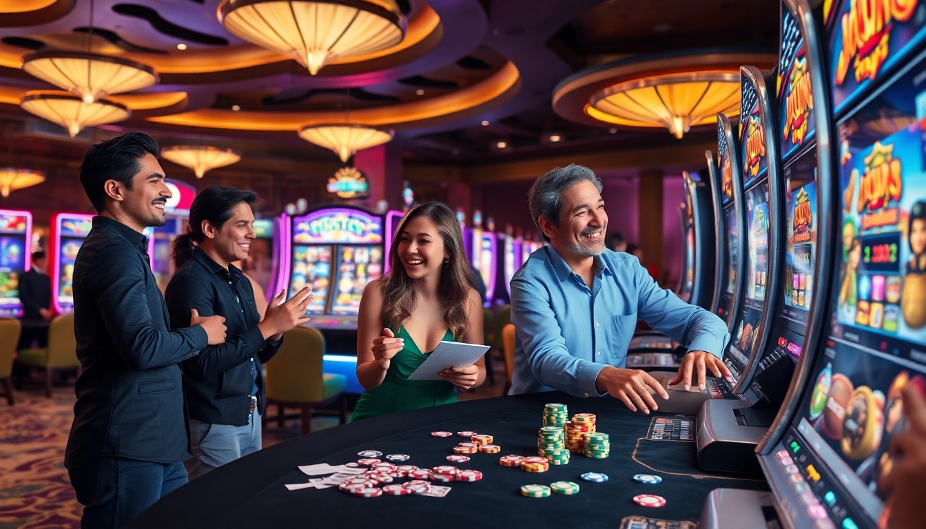Experience the thrill of slot demo games with vibrant machines and excited players in a stylish casino setting.