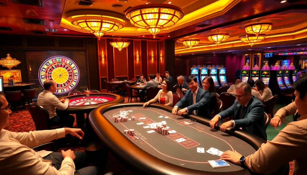 Engaged players experiencing the luxurious atmosphere at https://x88ni.com/, enjoying high-stakes poker and vibrant slot machines.
