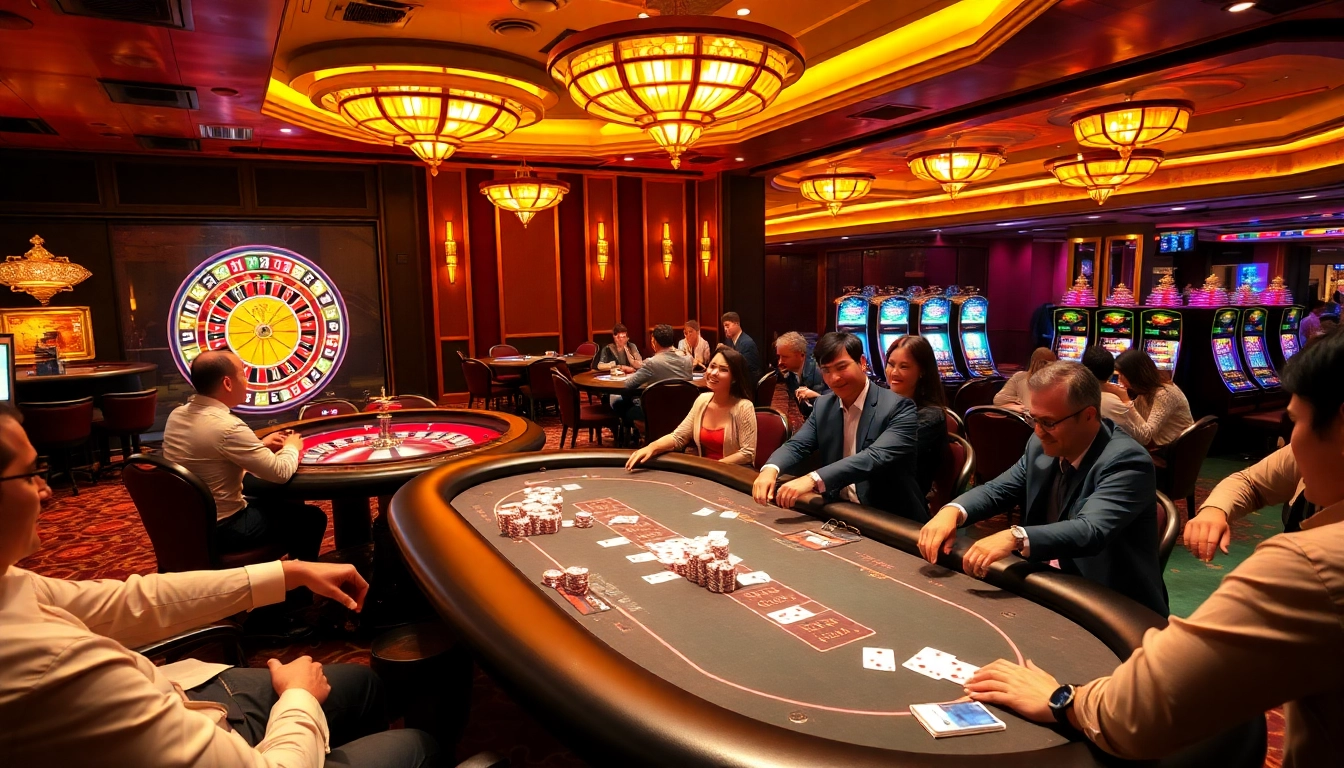 Engaged players experiencing the luxurious atmosphere at https://x88ni.com/, enjoying high-stakes poker and vibrant slot machines.