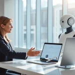 AI Employee assisting users in a modern office environment with a sleek design.