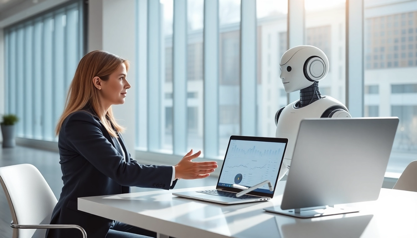 AI Employee assisting users in a modern office environment with a sleek design.