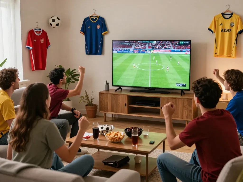 Exciting scene of fans enjoying luongsontv live football match in cozy living room with joyful atmosphere.