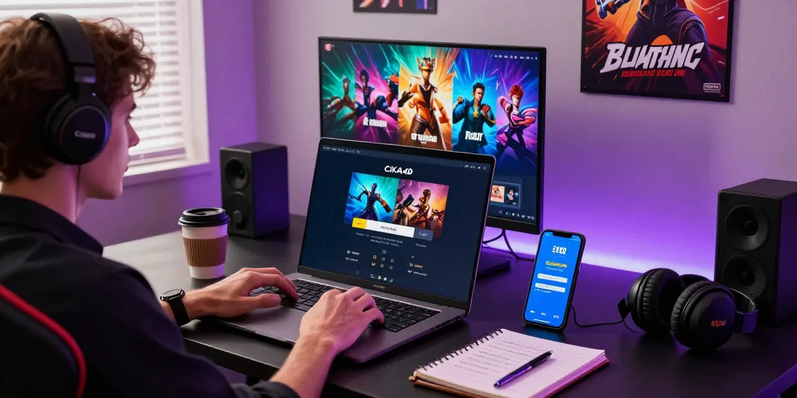 Engaged user at a modern desk logging into their cika4d online gaming account, surrounded by gaming essentials.